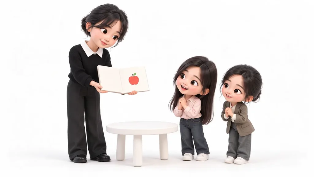 검정 니트의 큰 캐릭터와 분홍 블라우스, 올리브 재킷의 작은 캐릭터가 그림책을 읽고 자기 생각을 나누는 장면