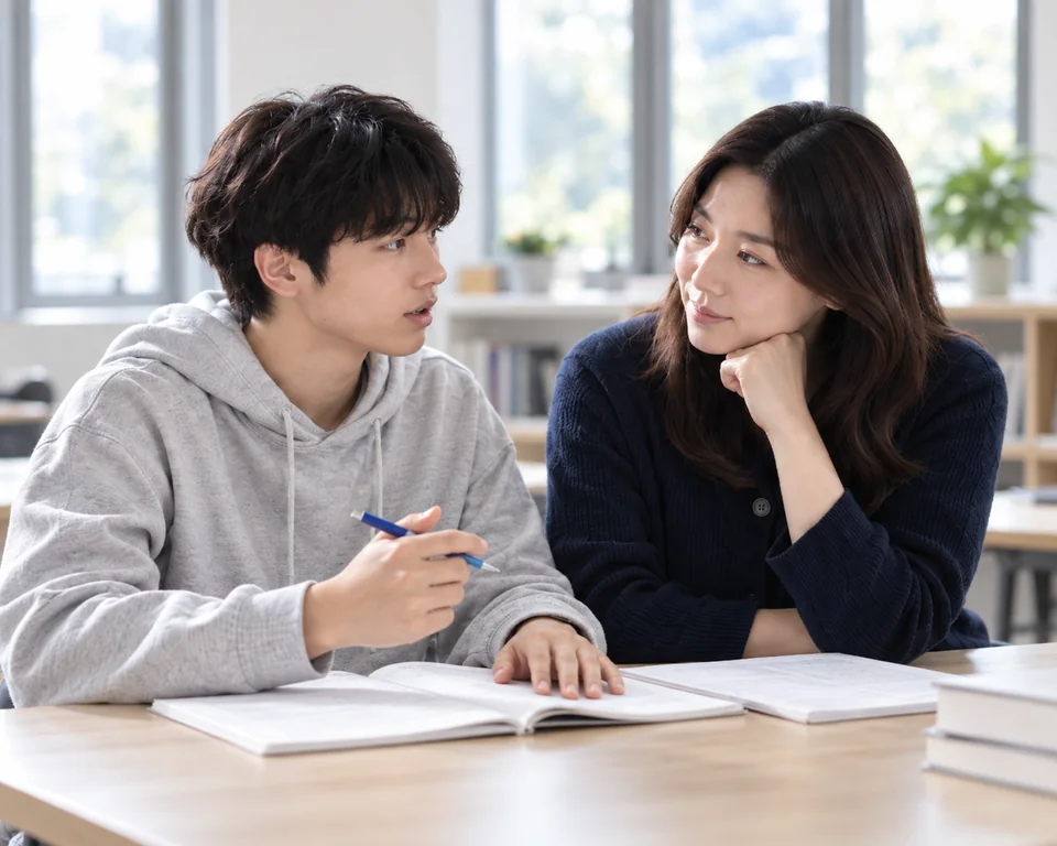 생각을 설명하는 학생과 이야기를 듣는 교사의 연출 장면