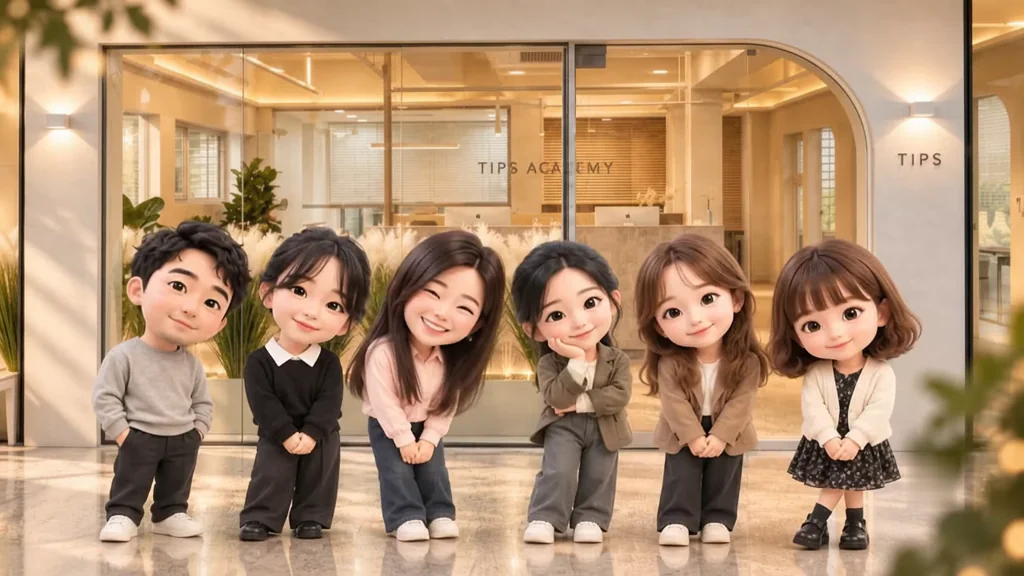 팁스 학원 입구에서 여섯 명의 작은 캐릭터가 손을 흔들고 다정하게 인사하는 연출 장면