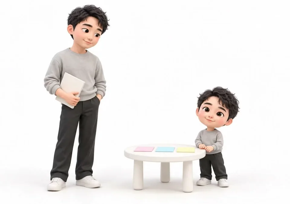 회색 니트의 큰 캐릭터와 작은 캐릭터가 수업 카드를 순서대로 정리하는 연출 장면