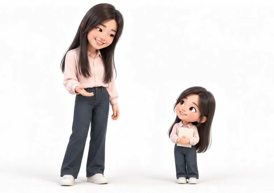 분홍 블라우스의 큰 캐릭터와 작은 캐릭터가 따뜻하게 맞이하는 연출 장면